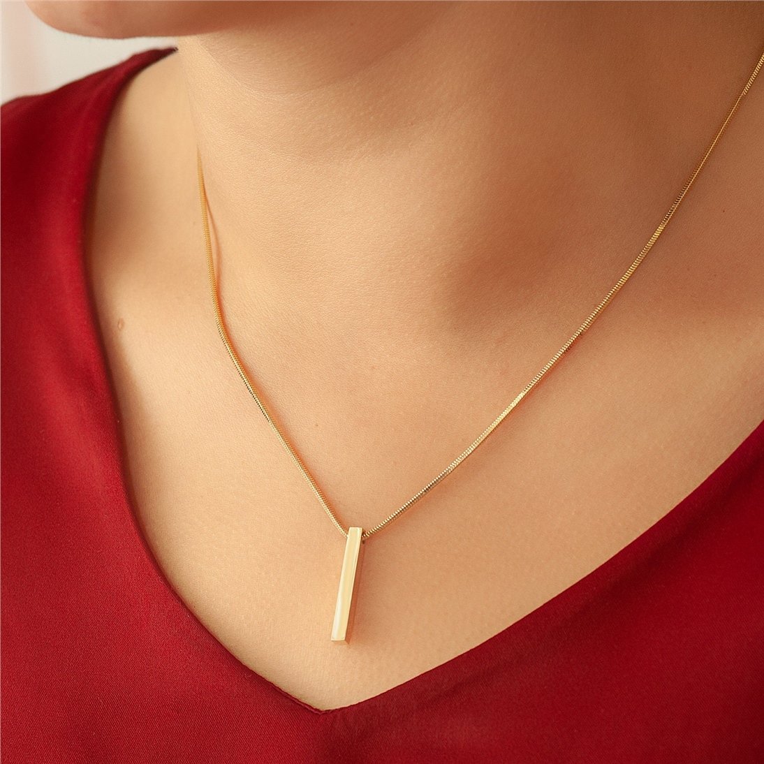 Goldstore-4 Side 3D Vertical Bar 14k Gold Necklace, Four Sided Name Snake Chain Necklace, 14k Solid Gold 3D Bar Necklace, Engrave Name Date Necklace.