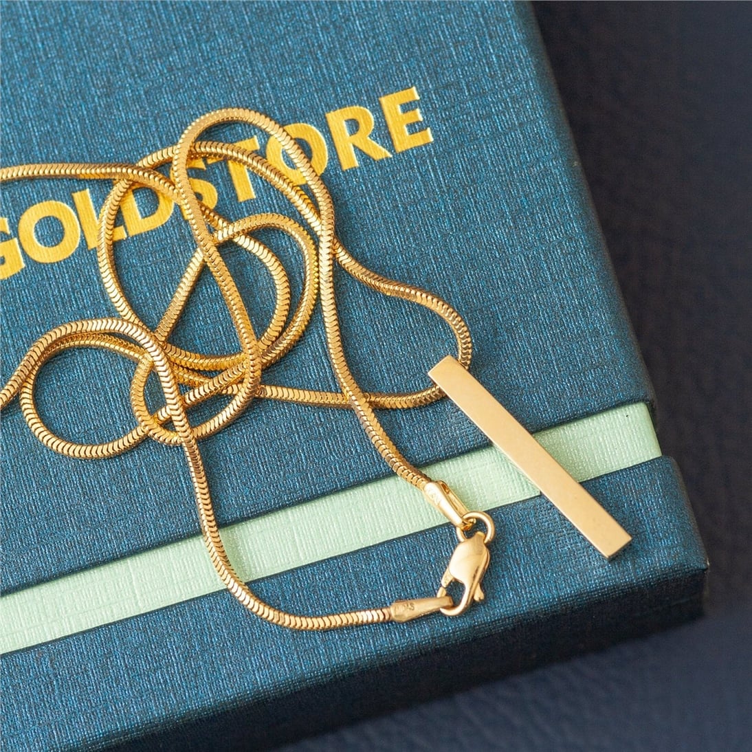 Goldstore-4 Side 3D Vertical Bar 14k Gold Necklace, Four Sided Name Snake Chain Necklace, 14k Solid Gold 3D Bar Necklace, Engrave Name Date Necklace.