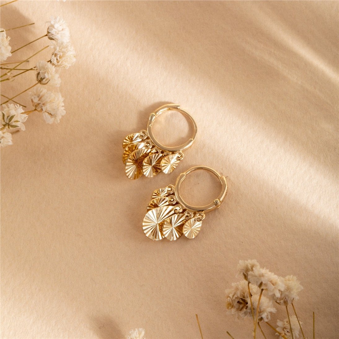 Goldstore-Dangling Pear Discs Hoop Earrings 14K Solid Gold, Dangling Diamond Cut Multiple Discs Earrings, Tear Drop Yellow Gold Hoop Earrings for Her