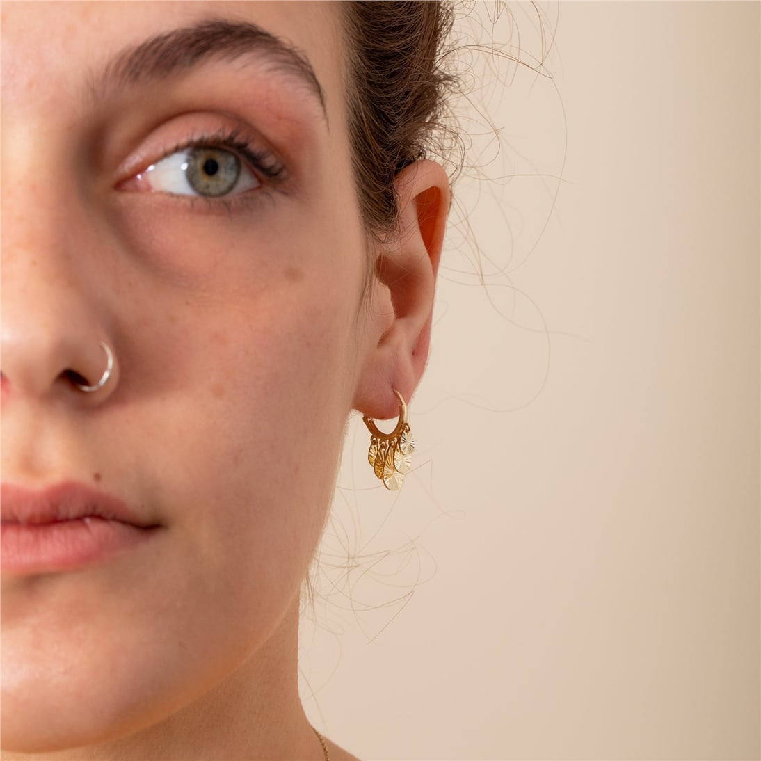 Goldstore-Dangling Pear Discs Hoop Earrings 14K Solid Gold, Dangling Diamond Cut Multiple Discs Earrings, Tear Drop Yellow Gold Hoop Earrings for Her