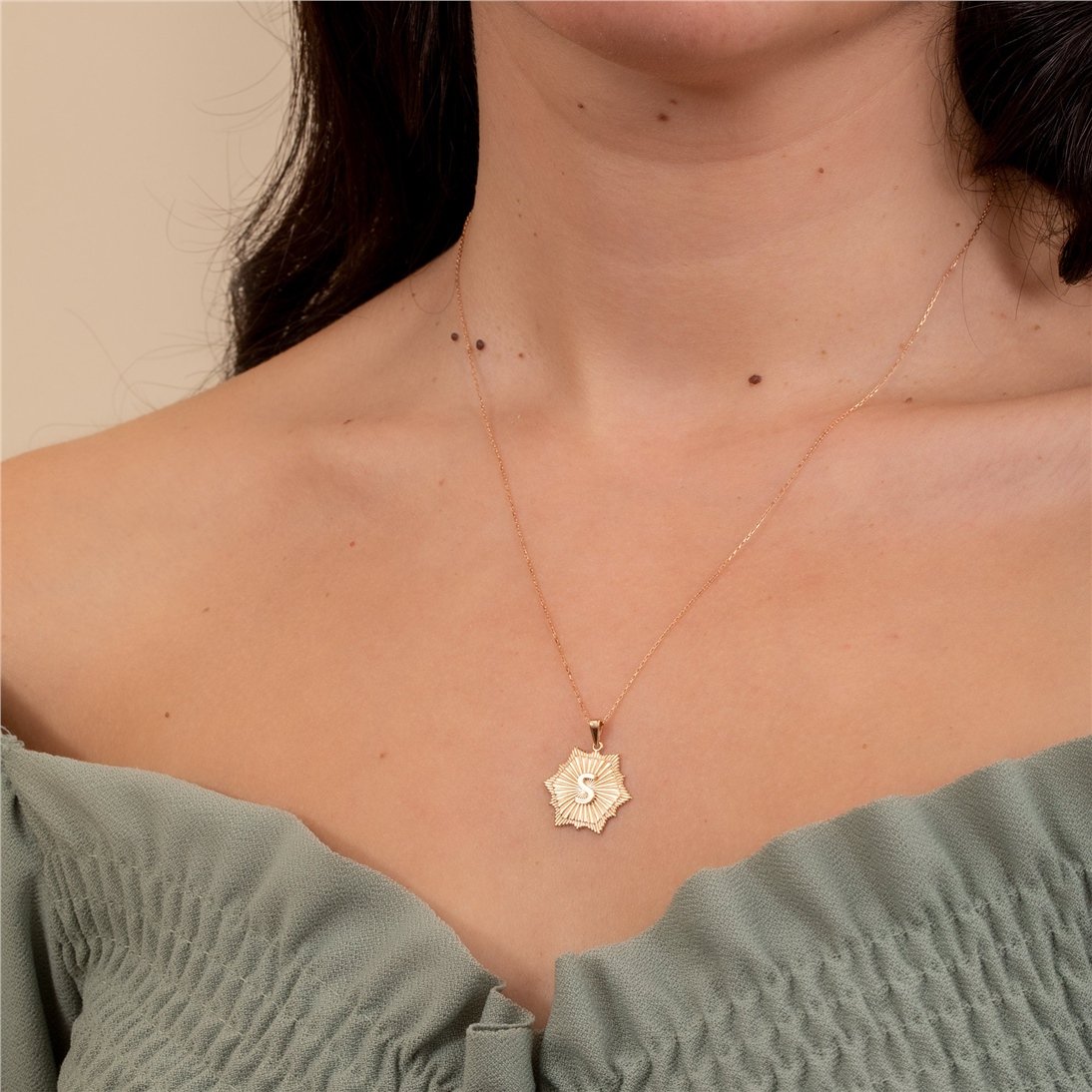 Goldstore-Fluted Hexagon Medallion Custom Initial Pendant 14K 18K Solid Gold, Pave Diamond or Cz Sunburst Geometric Ballerina Hexagon Letter Pendant