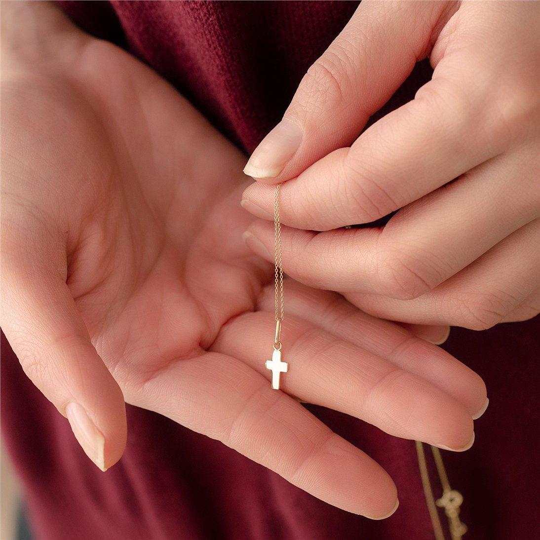 Goldstore-Handmade Tiny Cross Necklace Solid Gold, Cute Small Cross Charm Necklace 14K or 18K Mini Cross Pendant, Cross Choker Valentines Gift