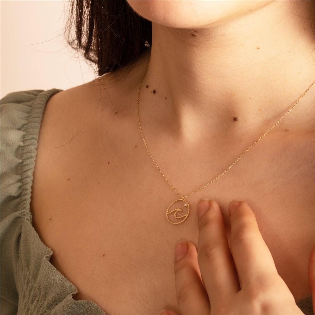Goldstore-Ocean Wave Necklace, Dainty Beach Necklace, 14K 18K Real Gold Surfer Necklace, Sea Wave Necklace, Genuine Diamond Wave Coin Necklace for Her