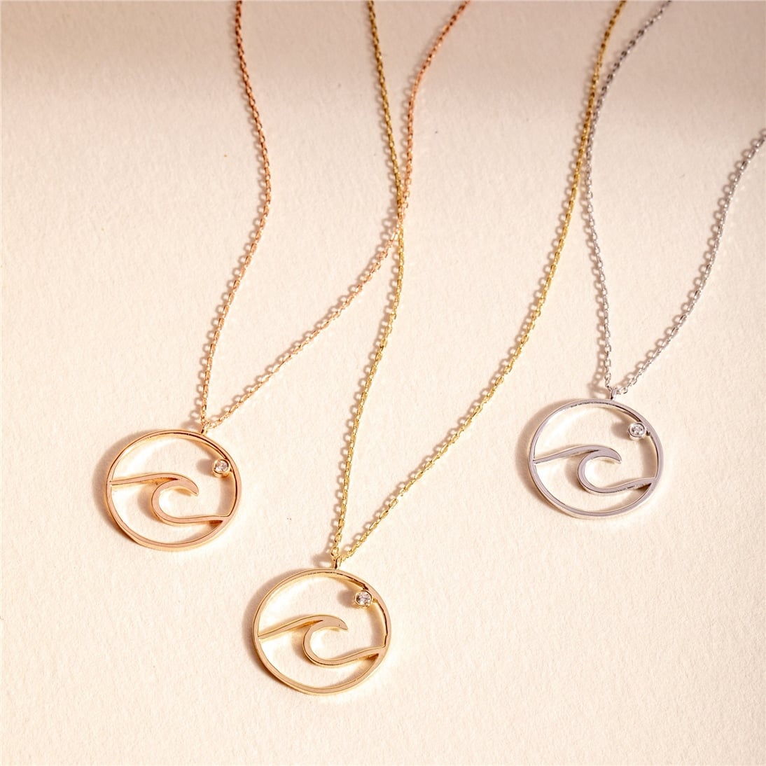 Goldstore-Ocean Wave Necklace, Dainty Beach Necklace, 14K 18K Real Gold Surfer Necklace, Sea Wave Necklace, Genuine Diamond Wave Coin Necklace for Her