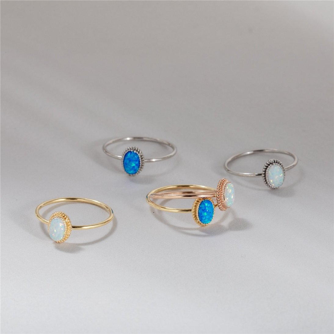 Goldstore-Opal Ring 14K Solid Gold, Dainty Blue White Genuine Opal Solitaire Ring, Oval Bezel Setting Opal Gemstone Statement Ring, Gift For Wife