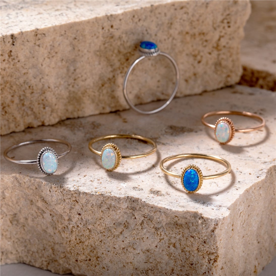 Goldstore-Opal Ring 14K Solid Gold, Dainty Blue White Genuine Opal Solitaire Ring, Oval Bezel Setting Opal Gemstone Statement Ring, Gift For Wife