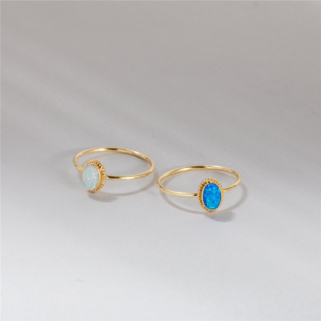 Goldstore-Opal Ring 14K Solid Gold, Dainty Blue White Genuine Opal Solitaire Ring, Oval Bezel Setting Opal Gemstone Statement Ring, Gift For Wife