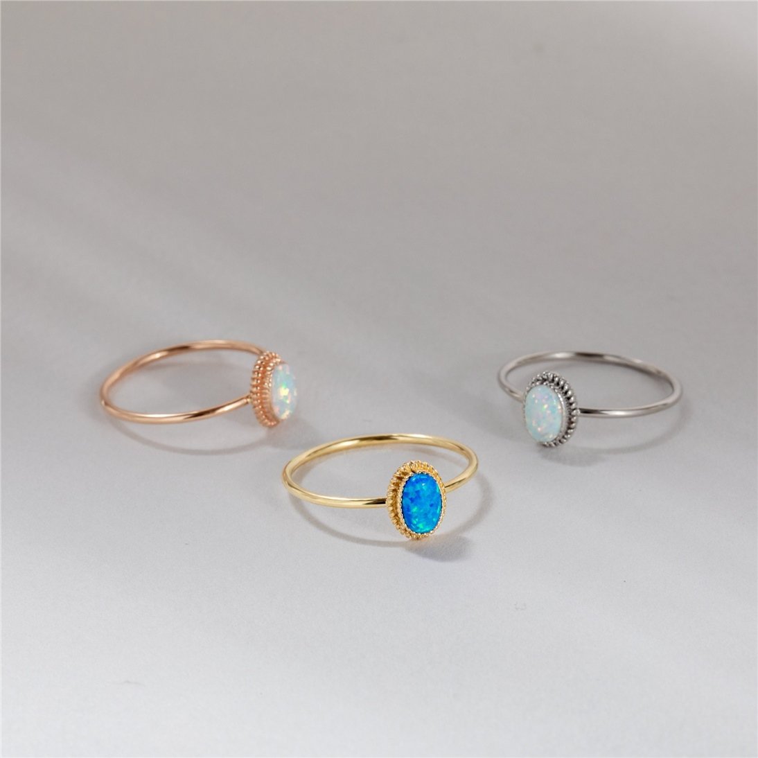 Goldstore-Opal Ring 14K Solid Gold, Dainty Blue White Genuine Opal Solitaire Ring, Oval Bezel Setting Opal Gemstone Statement Ring, Gift For Wife