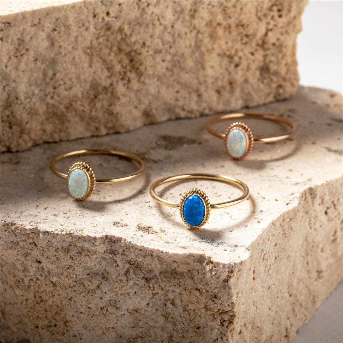 Goldstore-Opal Ring 14K Solid Gold, Dainty Blue White Genuine Opal Solitaire Ring, Oval Bezel Setting Opal Gemstone Statement Ring, Gift For Wife