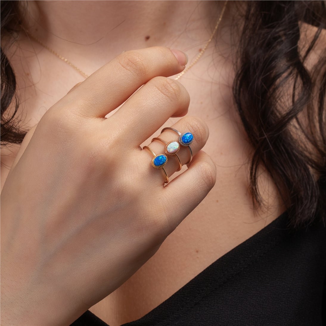 Goldstore-Opal Ring 14K Solid Gold, Dainty Blue White Genuine Opal Solitaire Ring, Oval Bezel Setting Opal Gemstone Statement Ring, Gift For Wife