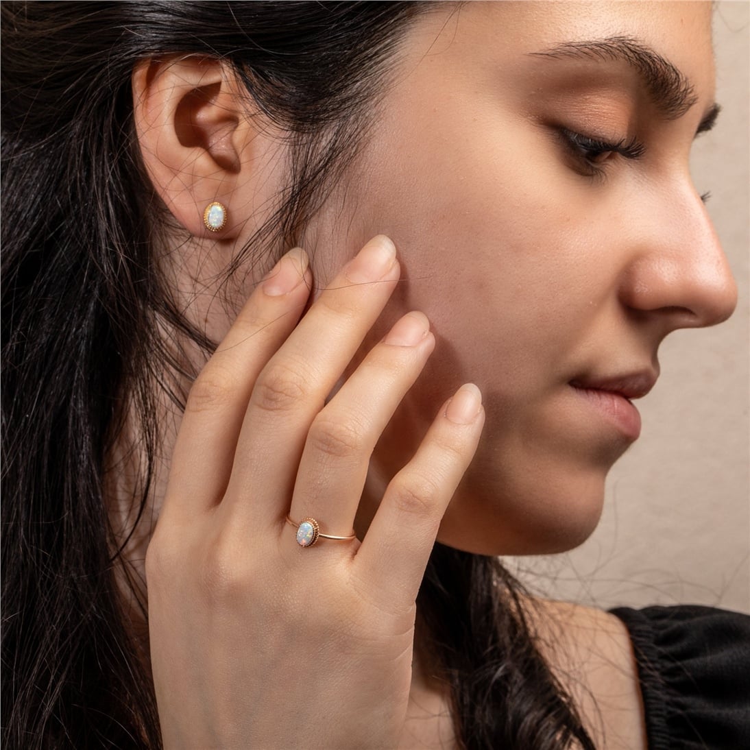 Goldstore-Opal Ring 14K Solid Gold, Dainty Blue White Genuine Opal Solitaire Ring, Oval Bezel Setting Opal Gemstone Statement Ring, Gift For Wife