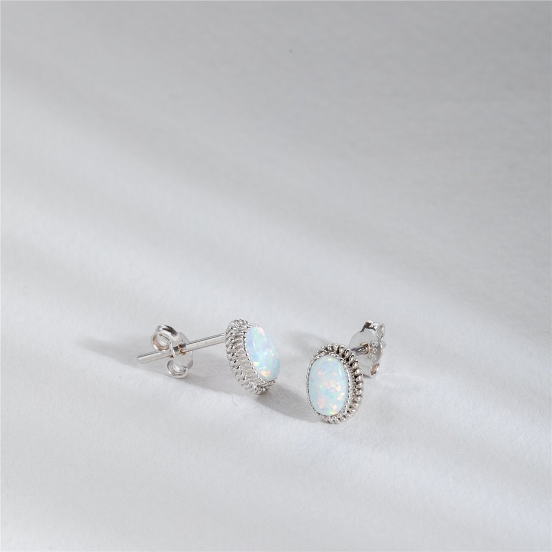 Goldstore-Oval Opal Earrings 14K Solid Gold, Natural Blue or White Color Bezel Setting Opal Stud Real Gold Earrings, Perfect Anniversary Gift For Wife