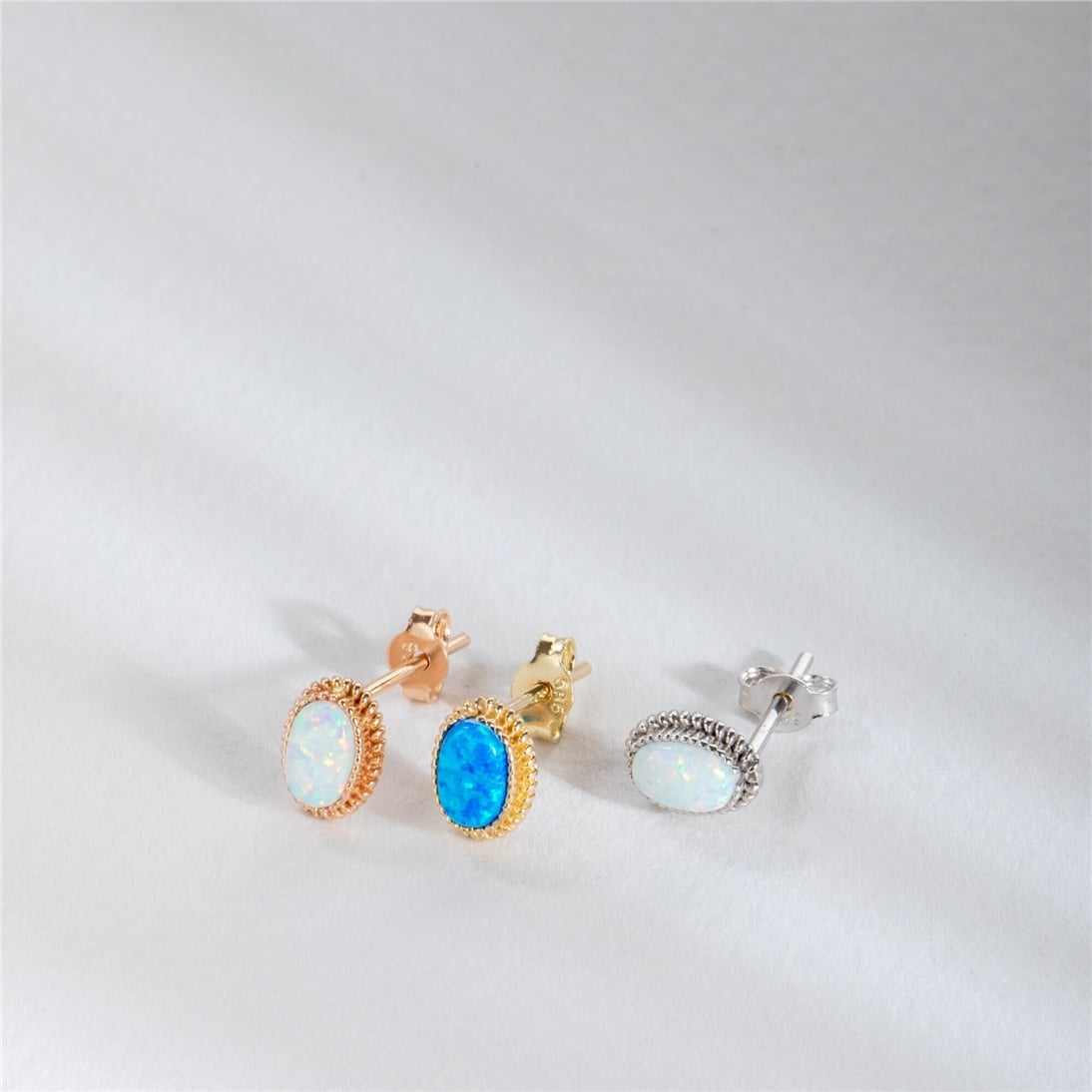 Goldstore-Oval Opal Earrings 14K Solid Gold, Natural Blue or White Color Bezel Setting Opal Stud Real Gold Earrings, Perfect Anniversary Gift For Wife