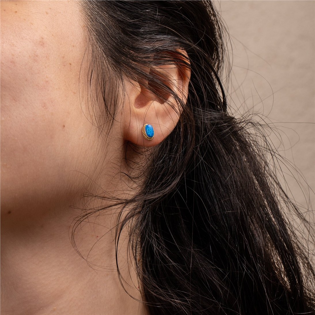 Goldstore-Oval Opal Earrings 14K Solid Gold, Natural Blue or White Color Bezel Setting Opal Stud Real Gold Earrings, Perfect Anniversary Gift For Wife