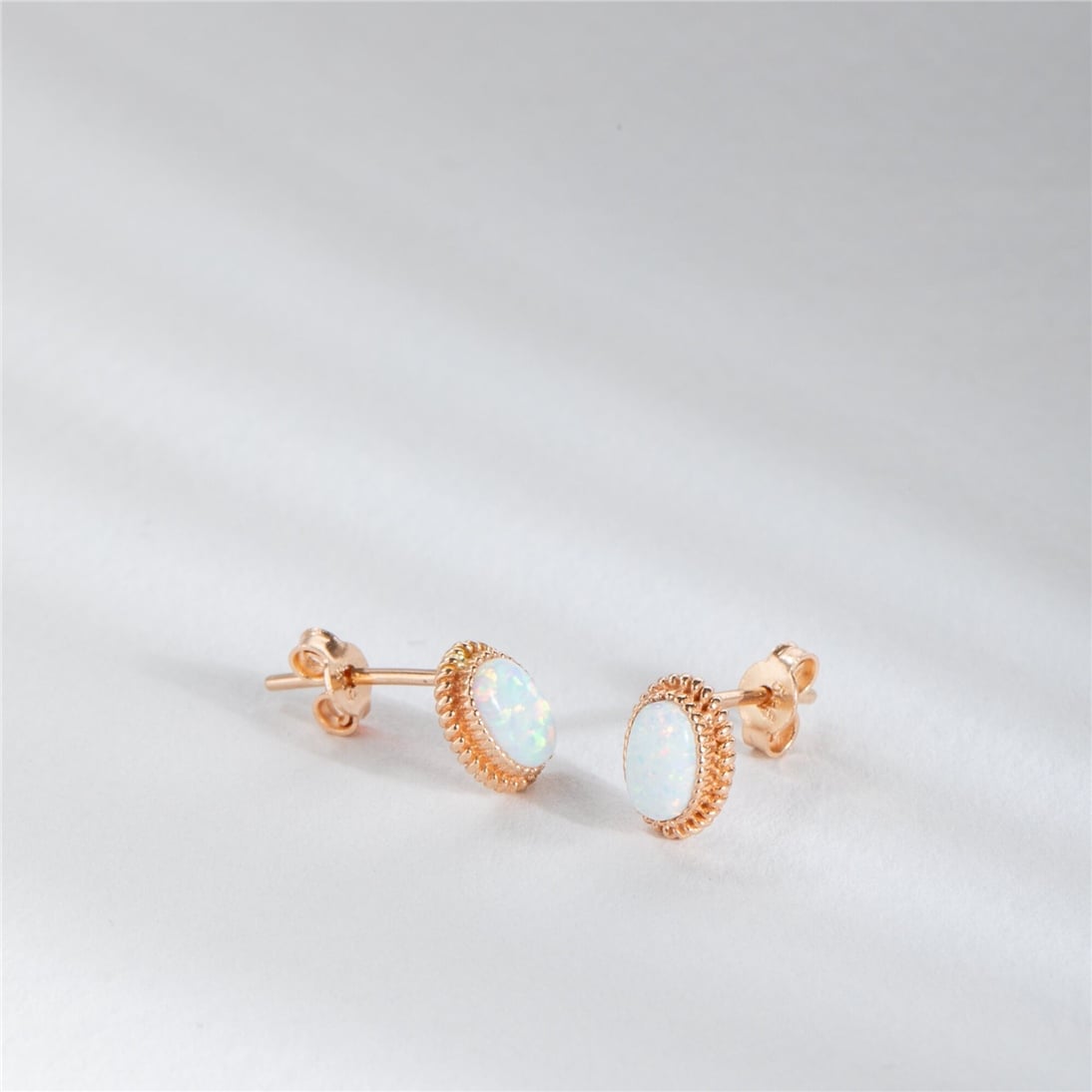Goldstore-Oval Opal Earrings 14K Solid Gold, Natural Blue or White Color Bezel Setting Opal Stud Real Gold Earrings, Perfect Anniversary Gift For Wife