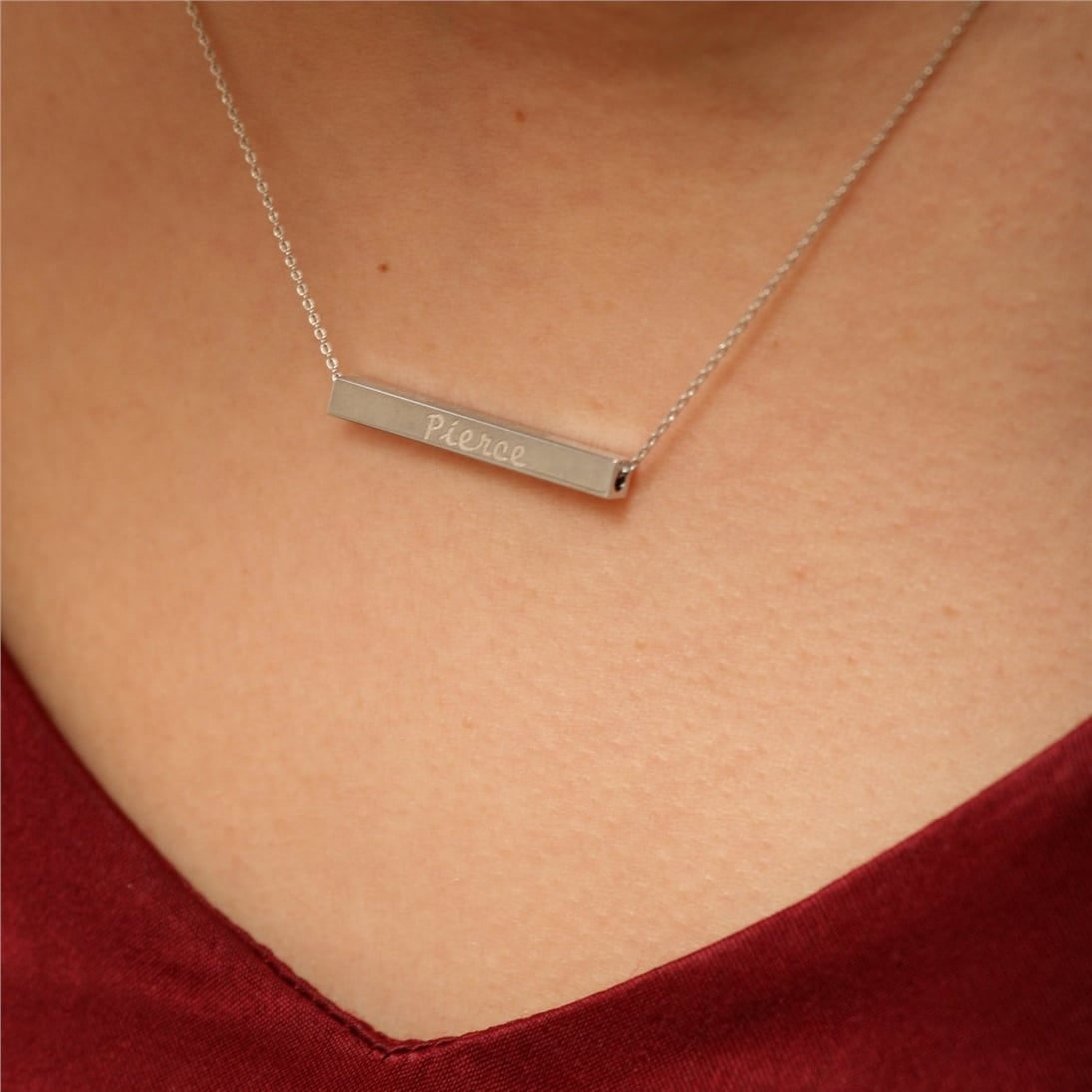 Goldstore-Personalized Horizontal Bar 14K Solid Gold Necklace, Four Sided Name Necklace, Solid Gold 3D Horizontal Bar Necklace, Engrave coordinate.