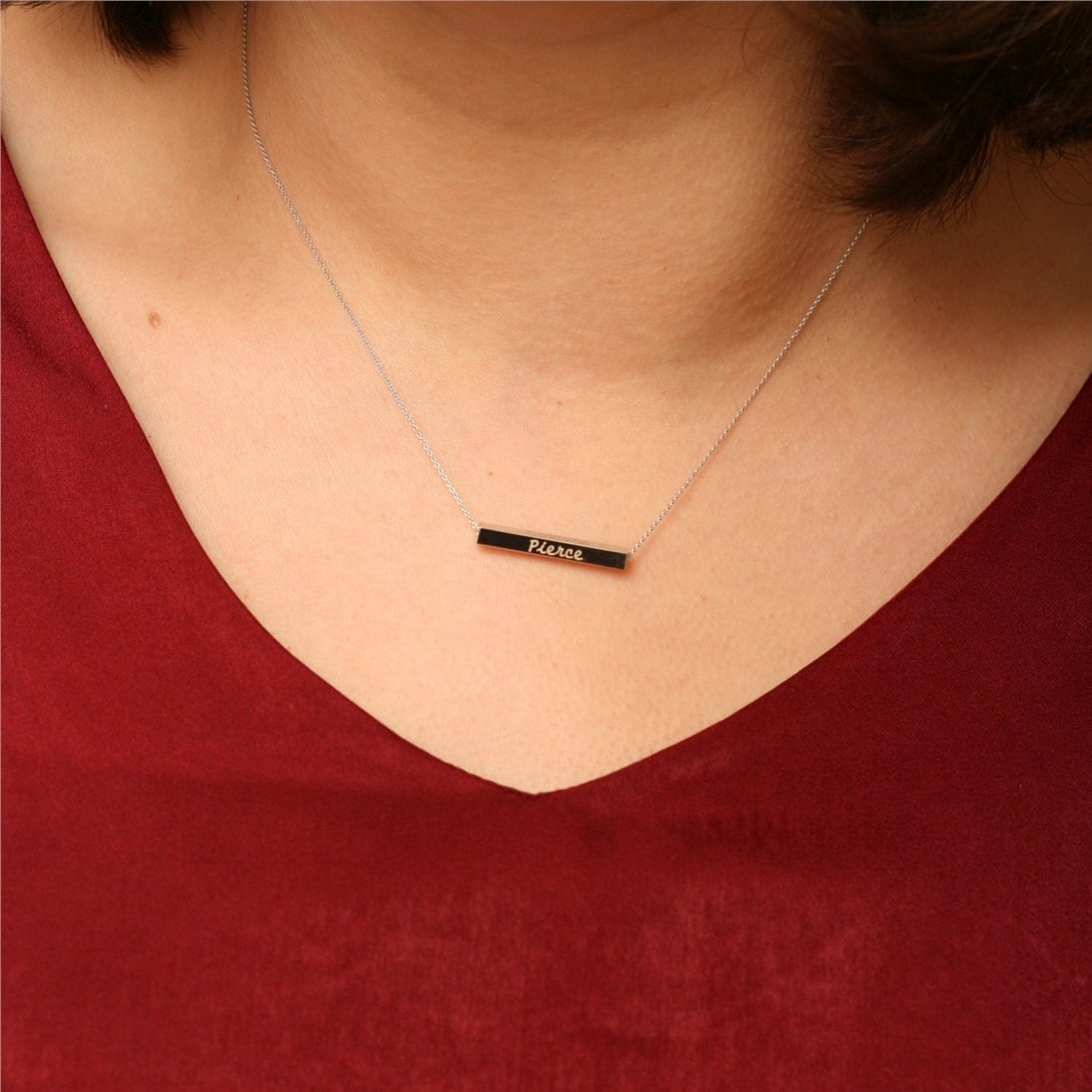 Goldstore-Personalized Horizontal Bar 14K Solid Gold Necklace, Four Sided Name Necklace, Solid Gold 3D Horizontal Bar Necklace, Engrave coordinate.