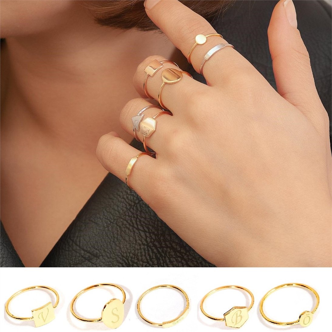 Goldstore-Personalized Statement Real Gold Ring, 14k Solid Gold Custom Engrave Initial Ring, Coordinates  Gold Ring, Geometric Signet Ring Gift For