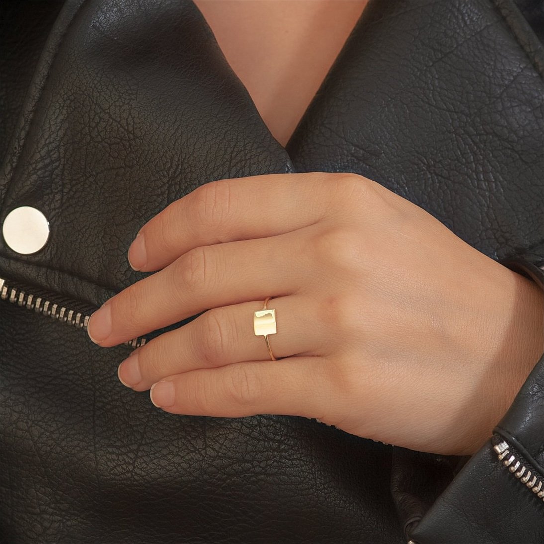 Goldstore-Personalized Statement Real Gold Ring, 14k Solid Gold Custom Engrave Initial Ring, Coordinates  Gold Ring, Geometric Signet Ring Gift For