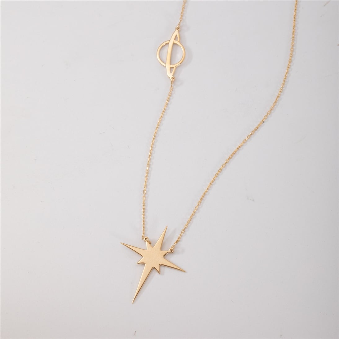 Goldstore-Pole Star And Saturn Necklace 14K 18K Solid Gold, Custom Engrave Or Cut Out North Star Necklace, Personalized Star Planet Sci-fi Lover Gift