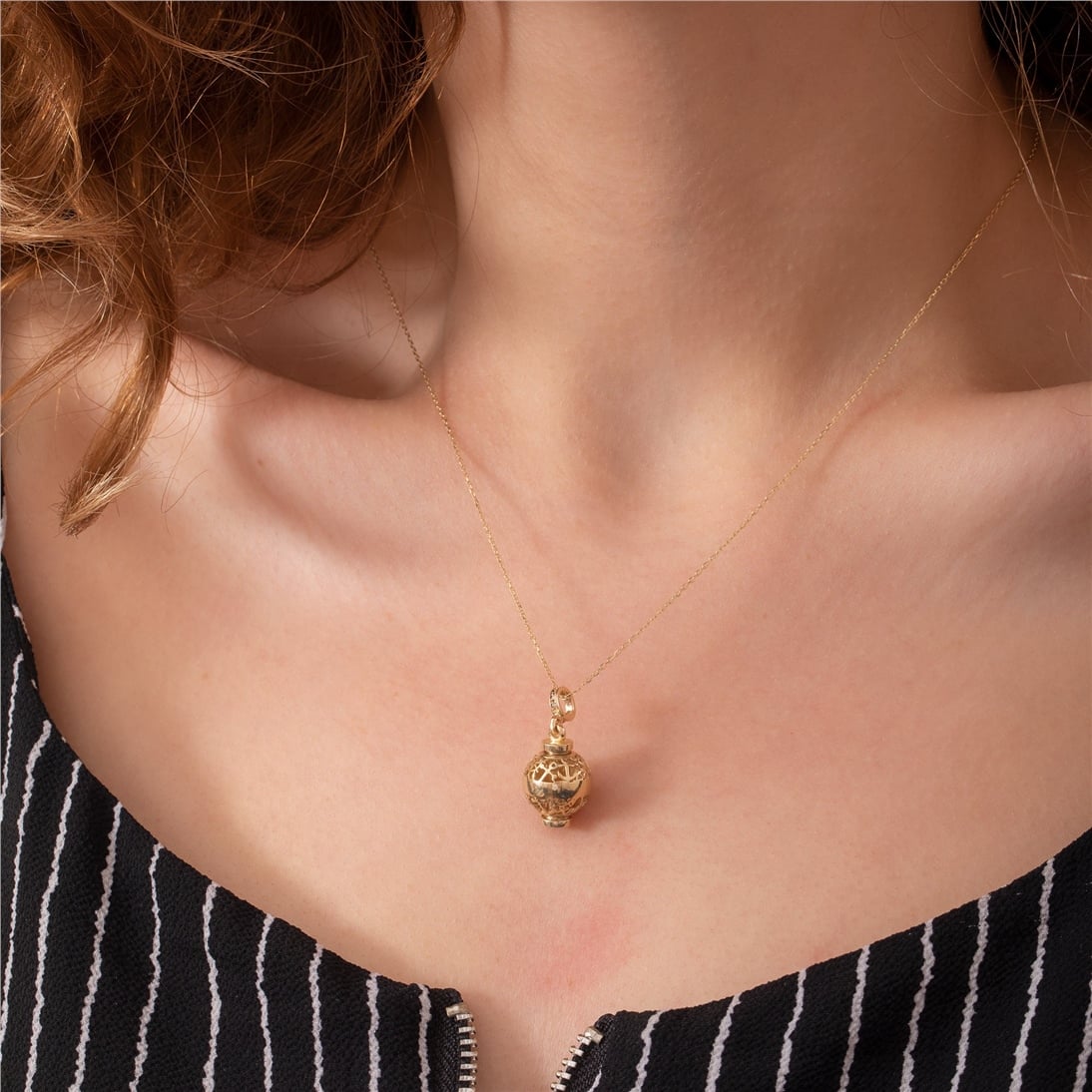 Goldstore-Ship Wheel Pattern Sphere Tube Urn Pendant 14K 18K Real Gold,Custom Steering Wheel Lantern Necklace For Ash,Sailor Pattern Cremation Pendant