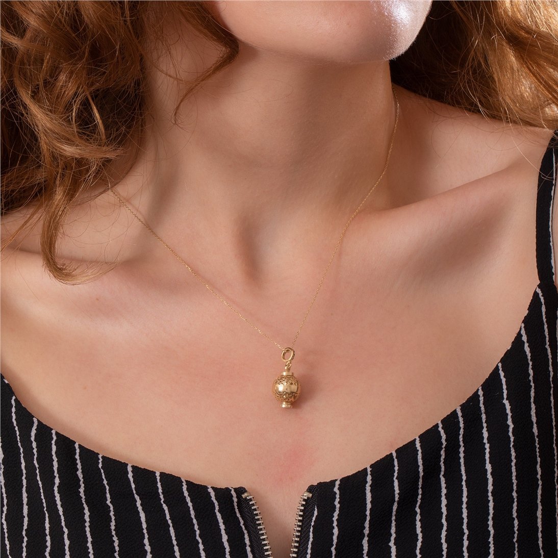 Goldstore-Ship Wheel Pattern Sphere Tube Urn Pendant 14K 18K Real Gold,Custom Steering Wheel Lantern Necklace For Ash,Sailor Pattern Cremation Pendant