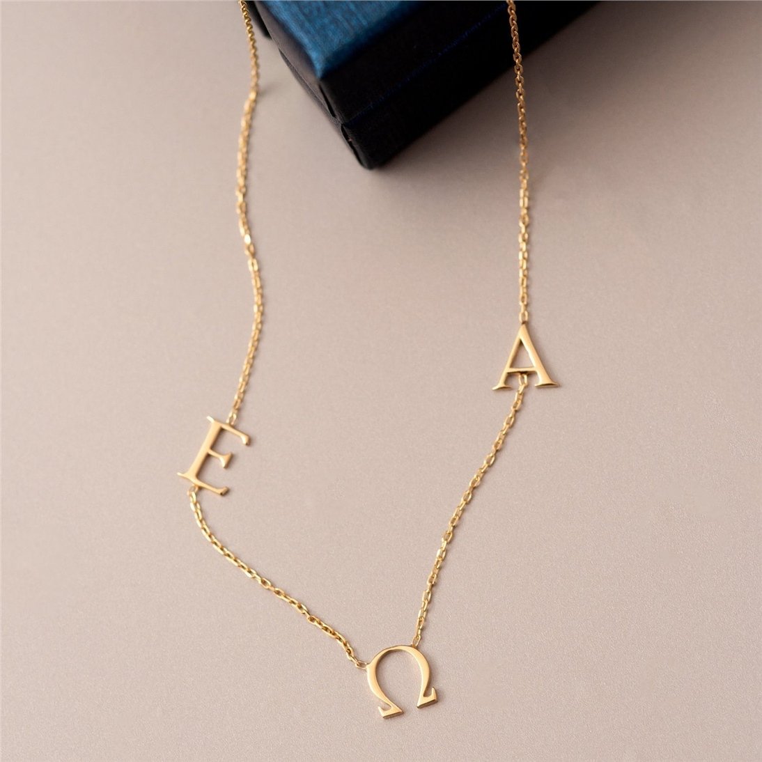 Goldstore-Sideways Initial Custom Font Gold Necklace, 14k Solid Gold Initial custom Letter Necklace, Personalized Multiple Letter Necklace