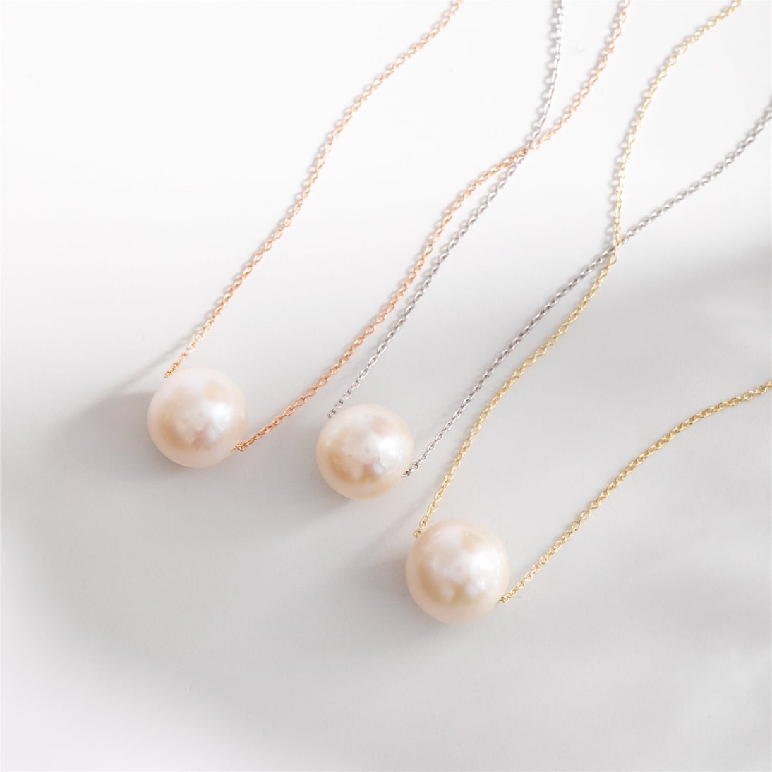 Goldstore-Single pearl 10k 14k 18k gold chain necklace, 8.0-8.50 mm Simple Freshwater Pearl Gold Necklace, Floating Pearl Necklace is June Birthstone.