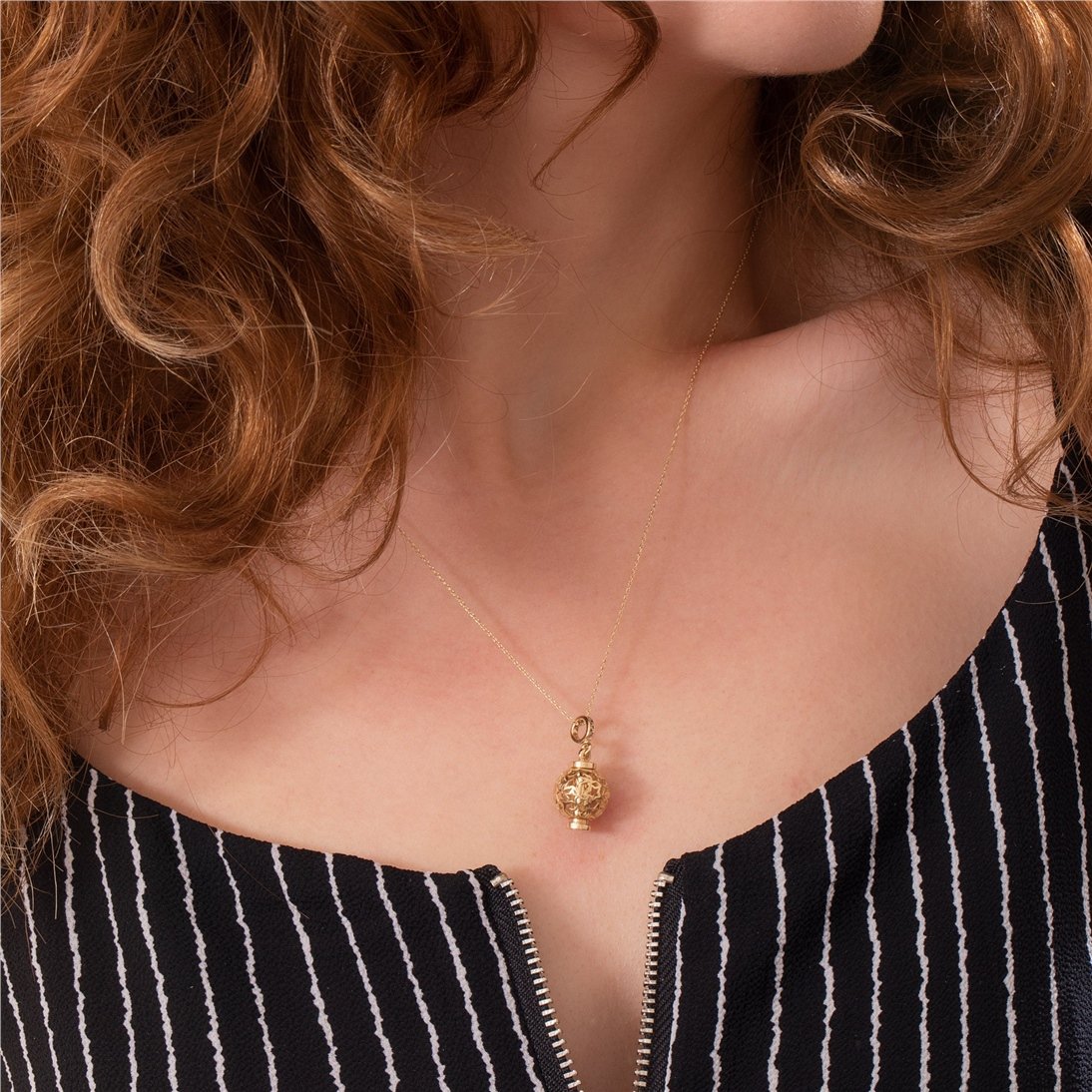 Goldstore-Star Pattern Galaxy Sphere Ball Urn 14K 18K Real Gold Pendant, Personalized Caged Star Cremation Necklace, Custom Name Initial Date Pendant