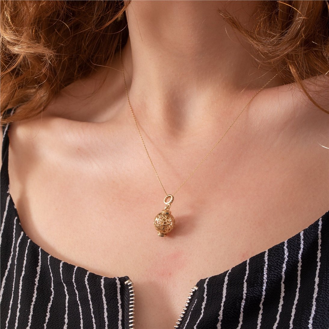 Goldstore-Star Pattern Galaxy Sphere Ball Urn 14K 18K Real Gold Pendant, Personalized Caged Star Cremation Necklace, Custom Name Initial Date Pendant