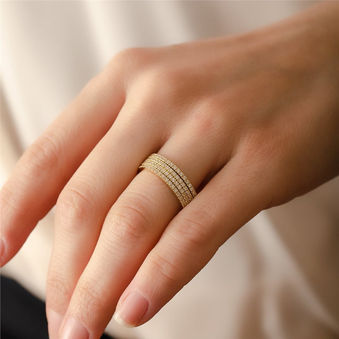 Goldstore-Thin Eternity Solid Gold Ring, Stackable Diamond Eternity Ring, Thin CZ 14k Gold Ring, Full Eternity Matching Band Ring Valentine’s Gift