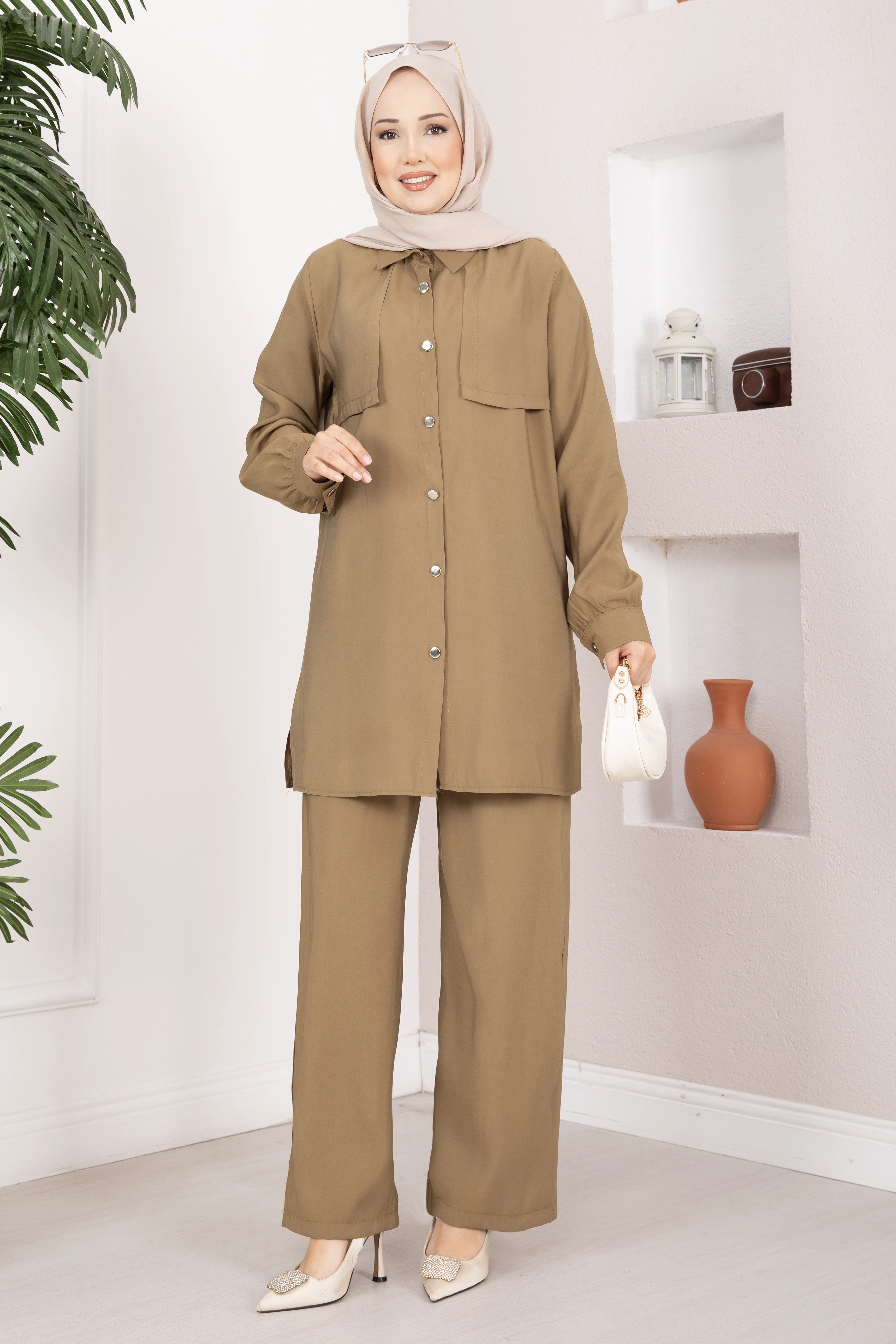 Aller Detaylı Düğmeli Tunik Pantolon Takım Camel
