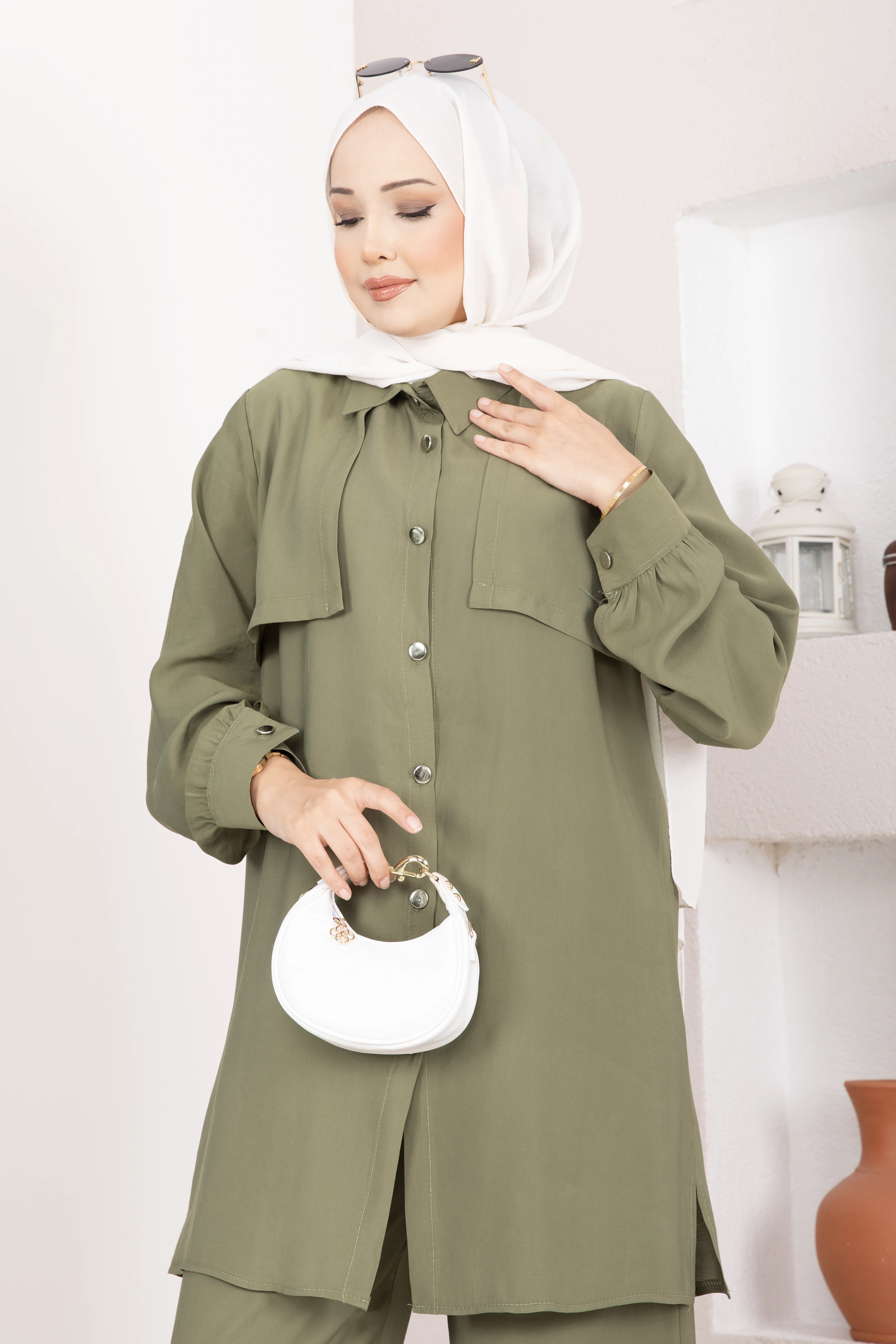 Aller Detaylı Düğmeli Tunik Pantolon Takım Haki