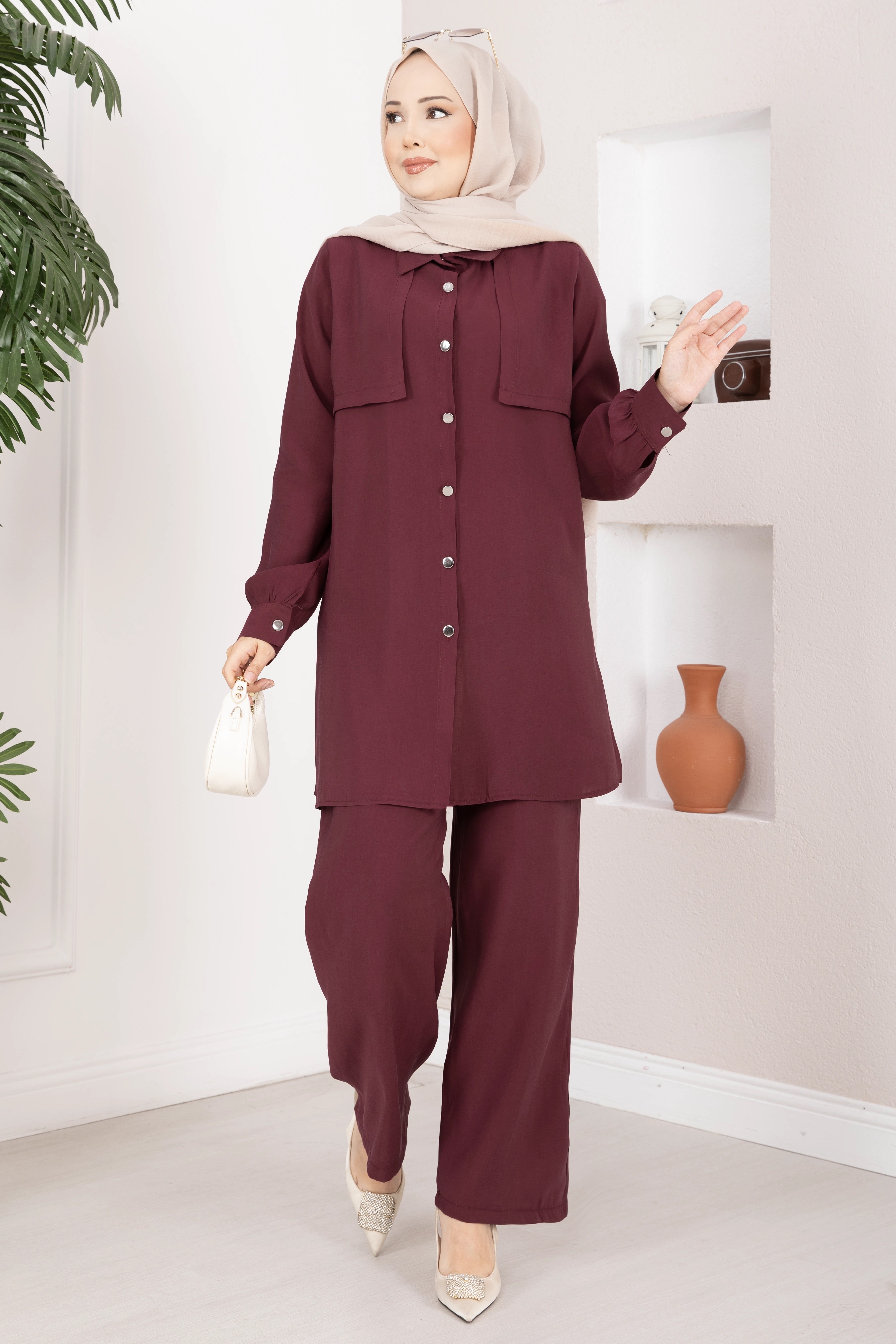 Aller Detaylı Düğmeli Tunik Pantolon Takım Bordo