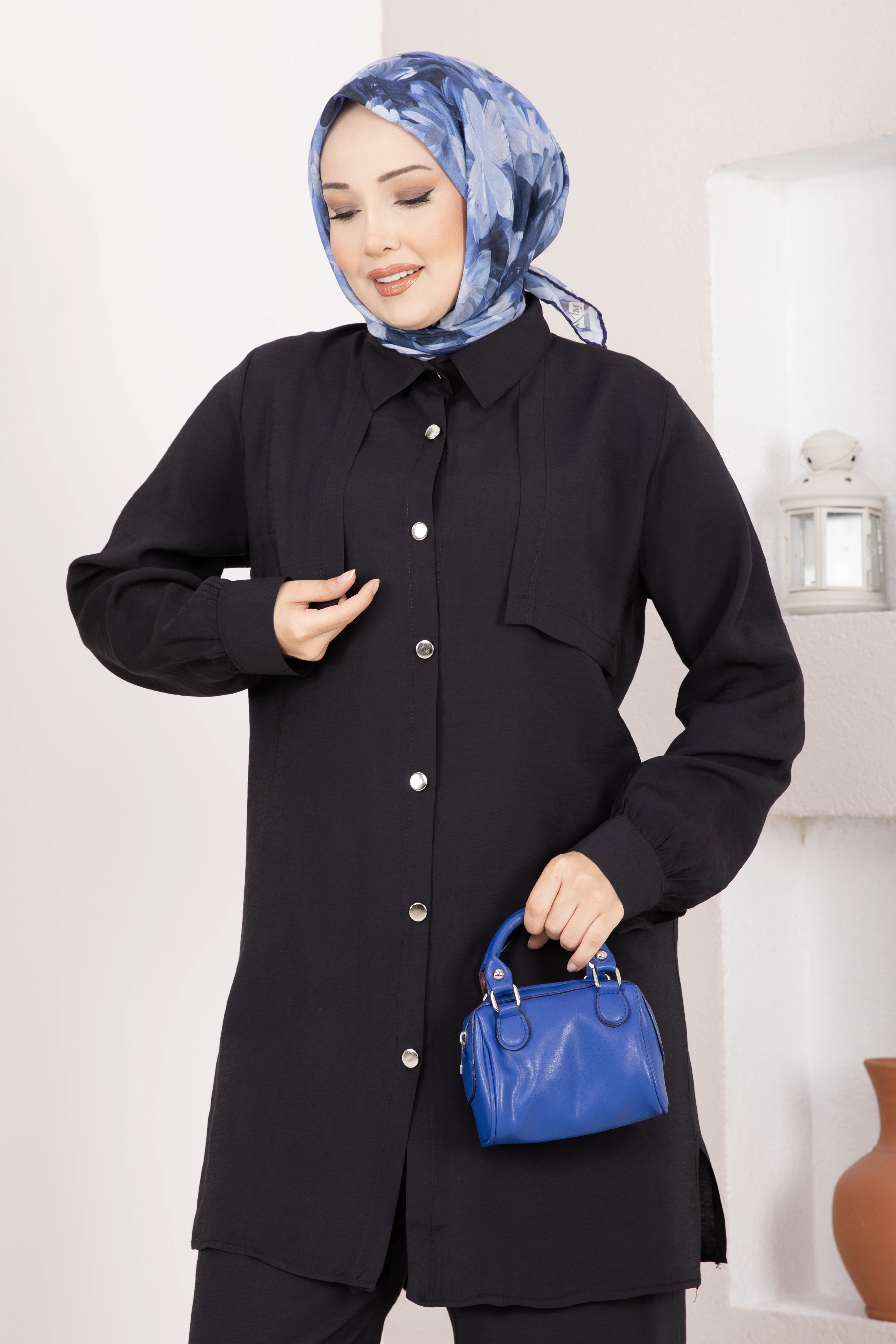 Aller Detaylı Düğmeli Tunik Pantolon Takım Siyah