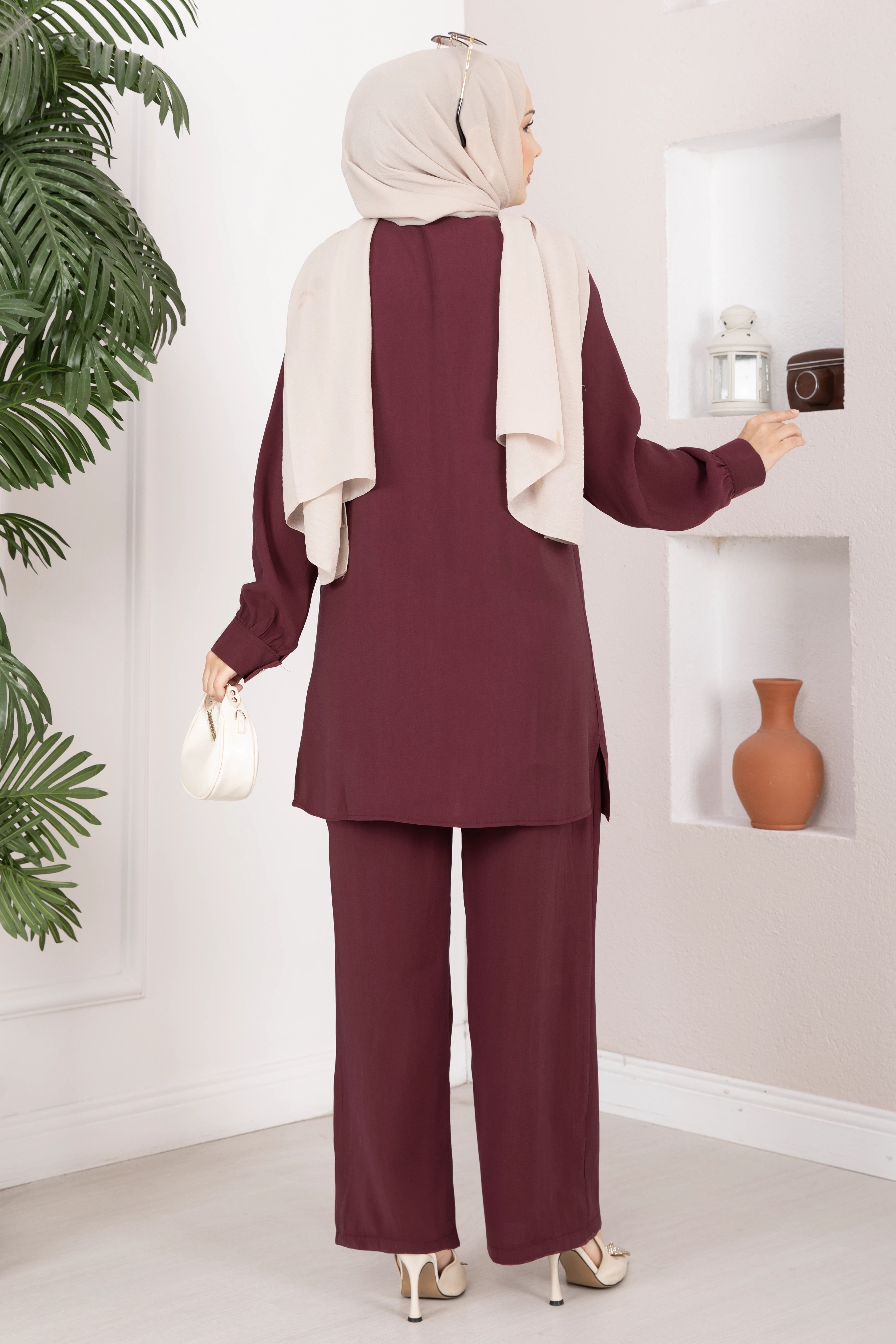 Aller Detaylı Düğmeli Tunik Pantolon Takım Bordo