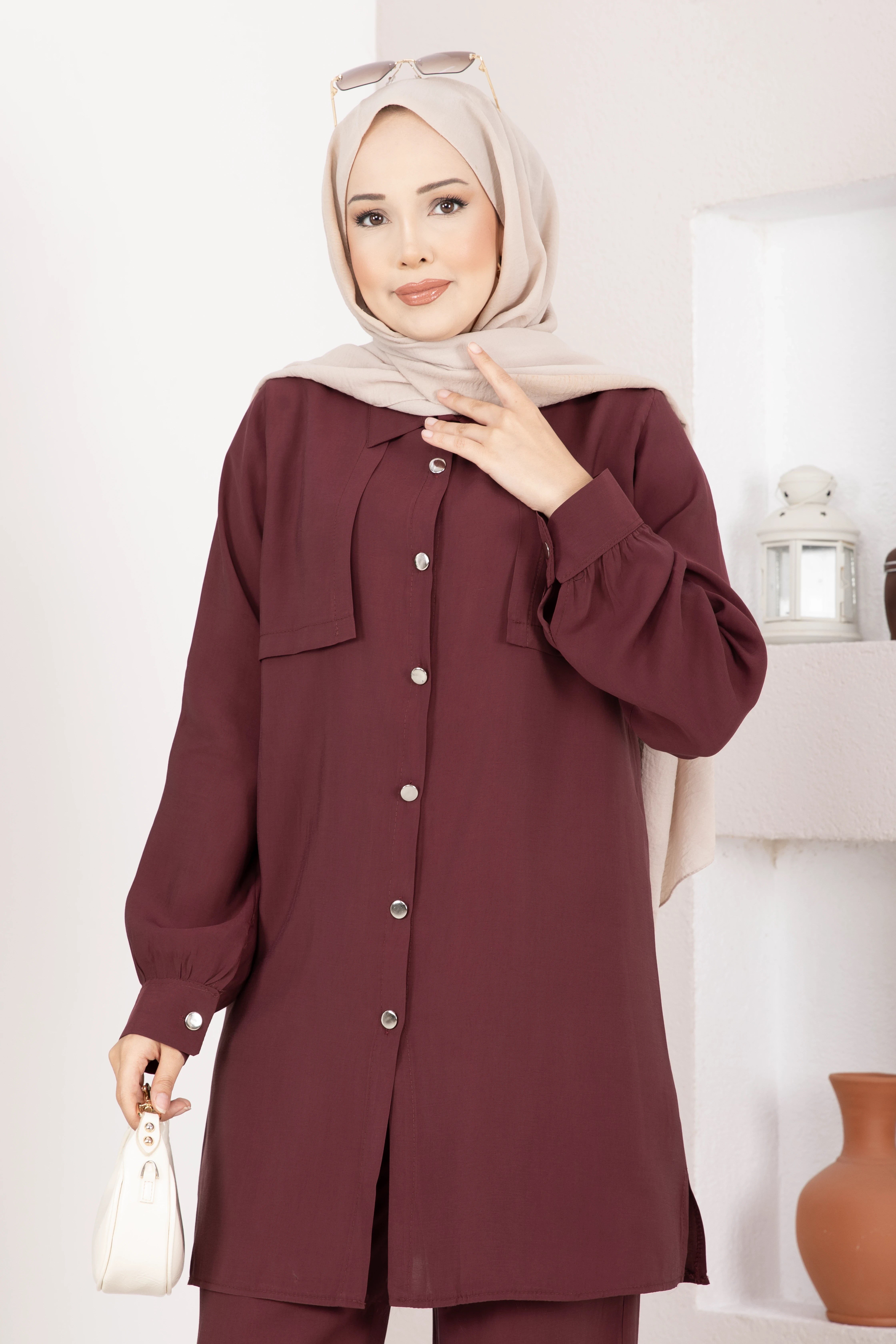 Aller Detaylı Düğmeli Tunik Pantolon Takım Bordo