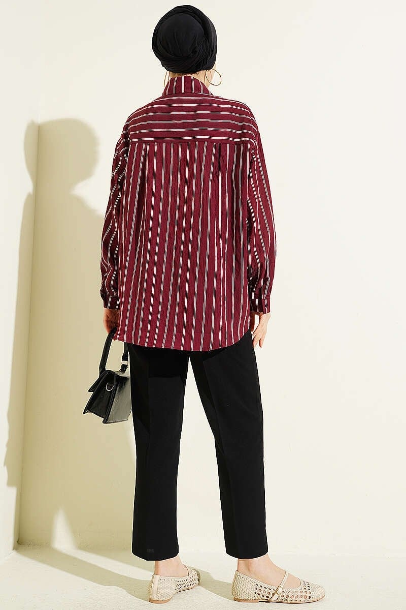 Arka Çift Pileli Çizgili Gömlek Bordo