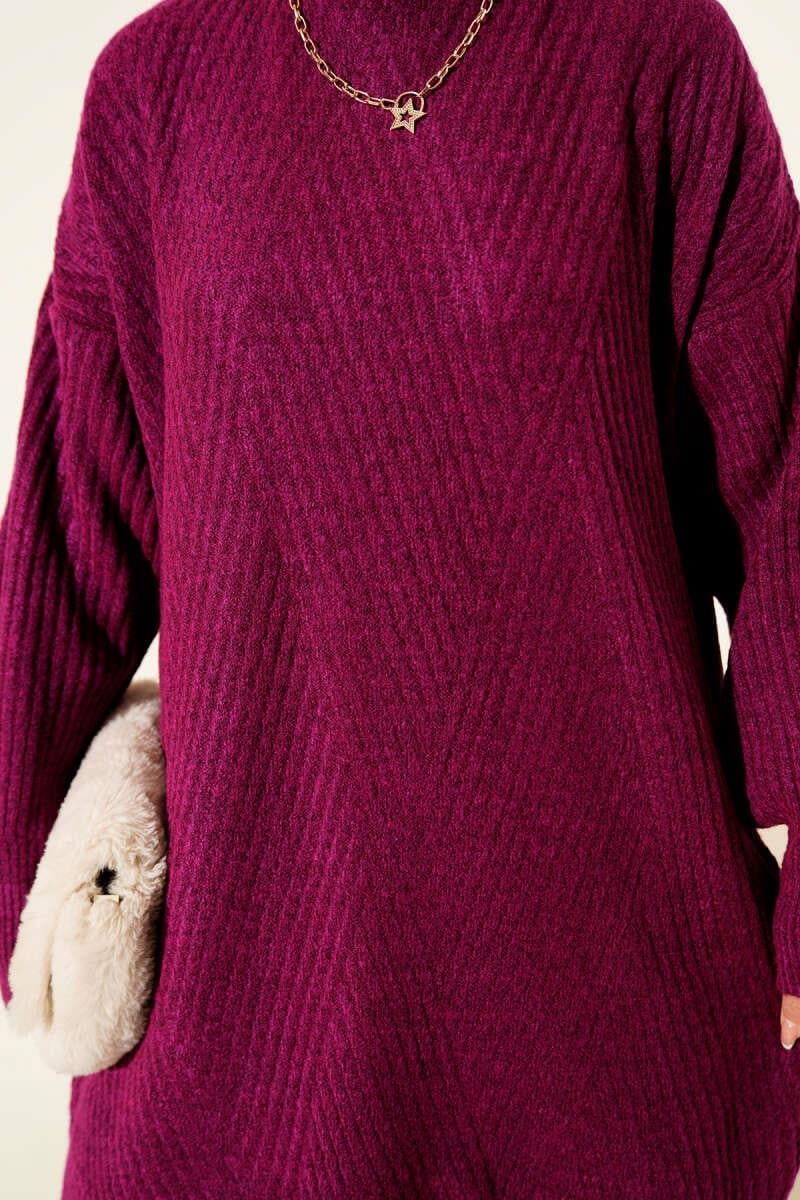 Asimetrik Kabartma Çizgili Triko Tunik Menekşe
