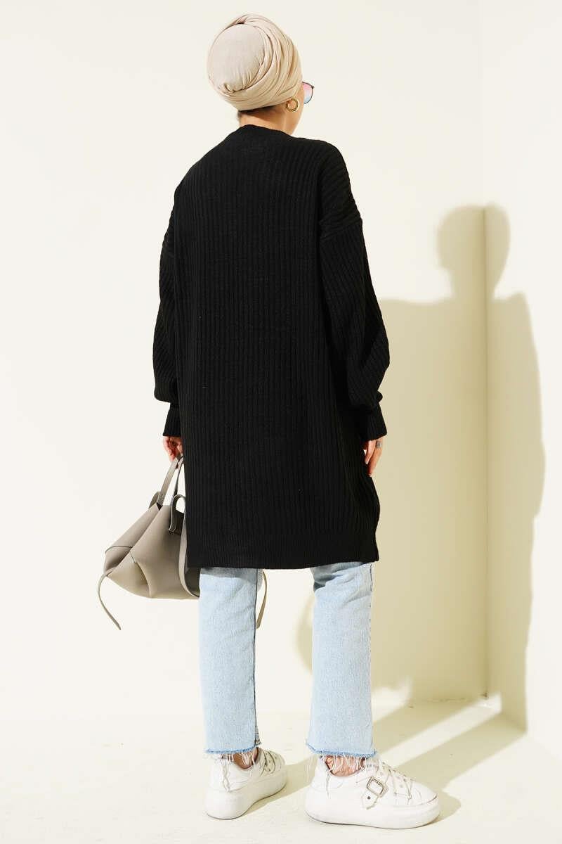 Asimetrik Kabartma Çizgili Triko Tunik Siyah