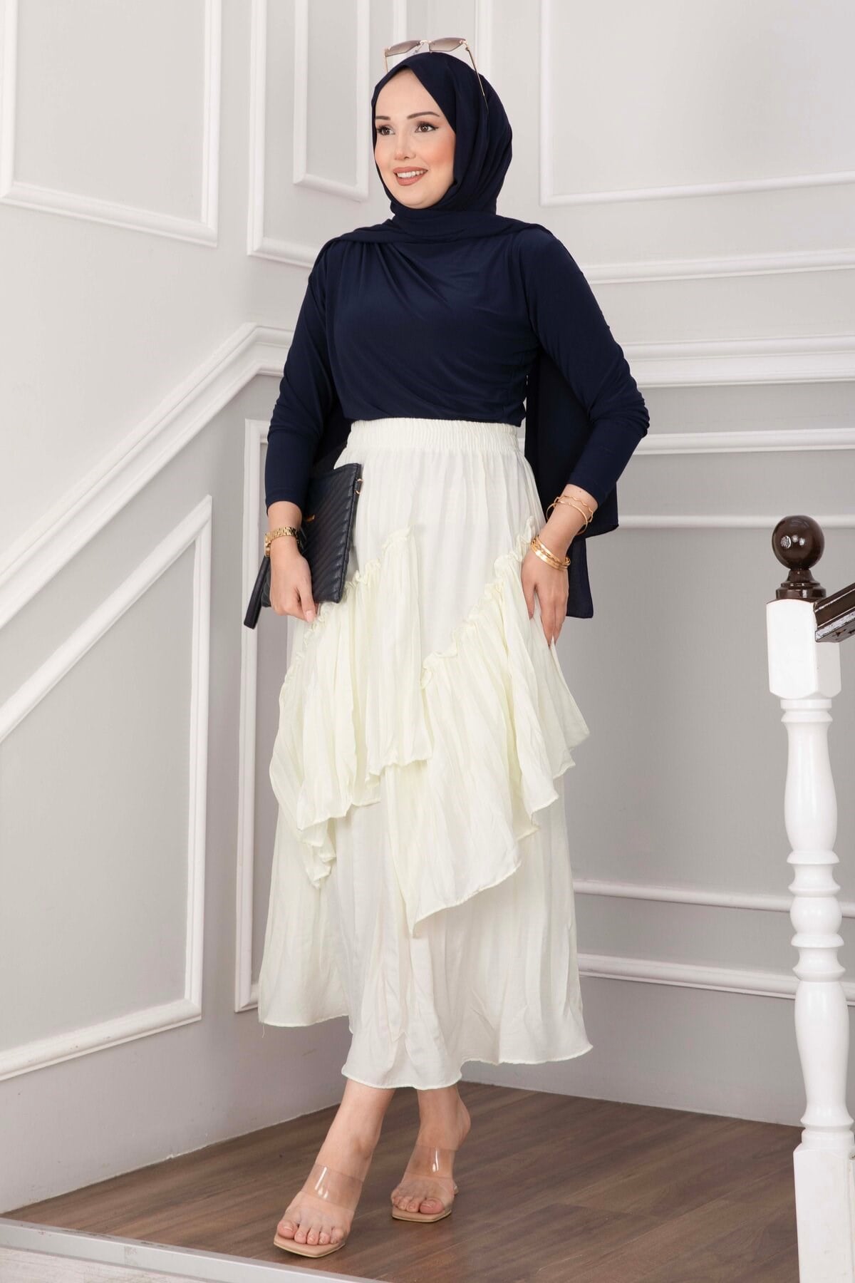 Asimetrik Kat Kat Fırfırlı Etek Açık sarı