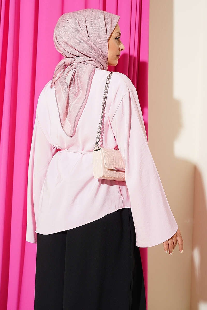 Asimetrik Kesim İp Bağcıklı Tunik Pembe