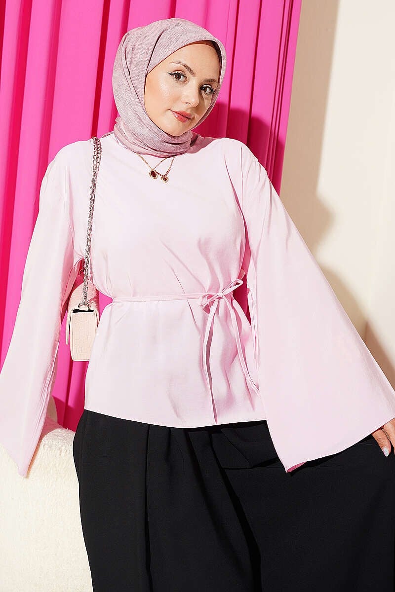 Asimetrik Kesim İp Bağcıklı Tunik Pembe