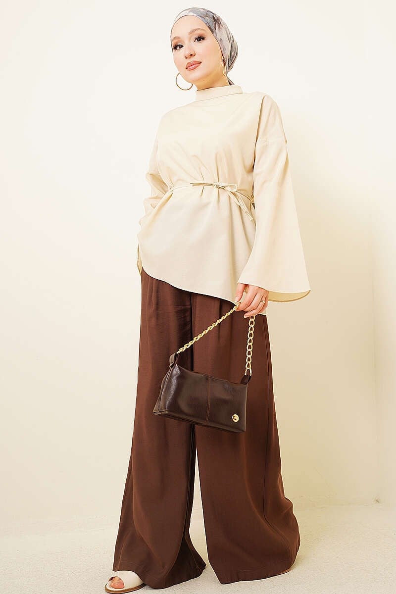 Asimetrik Kesim Poplin Tunik Bej
