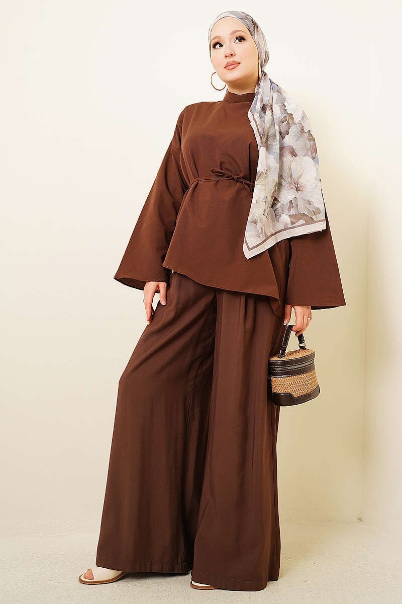 Asimetrik Kesim Poplin Tunik Kahve