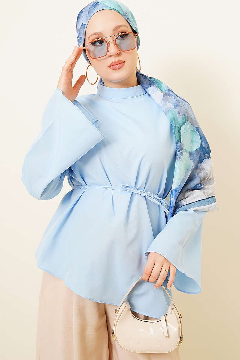 Asimetrik Kesim Poplin Tunik Mavi