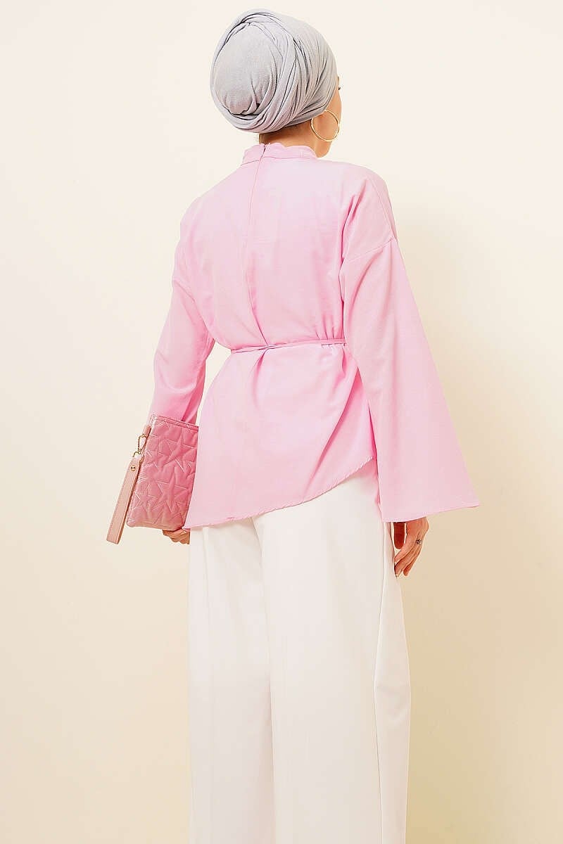 Asimetrik Kesim Poplin Tunik Pembe