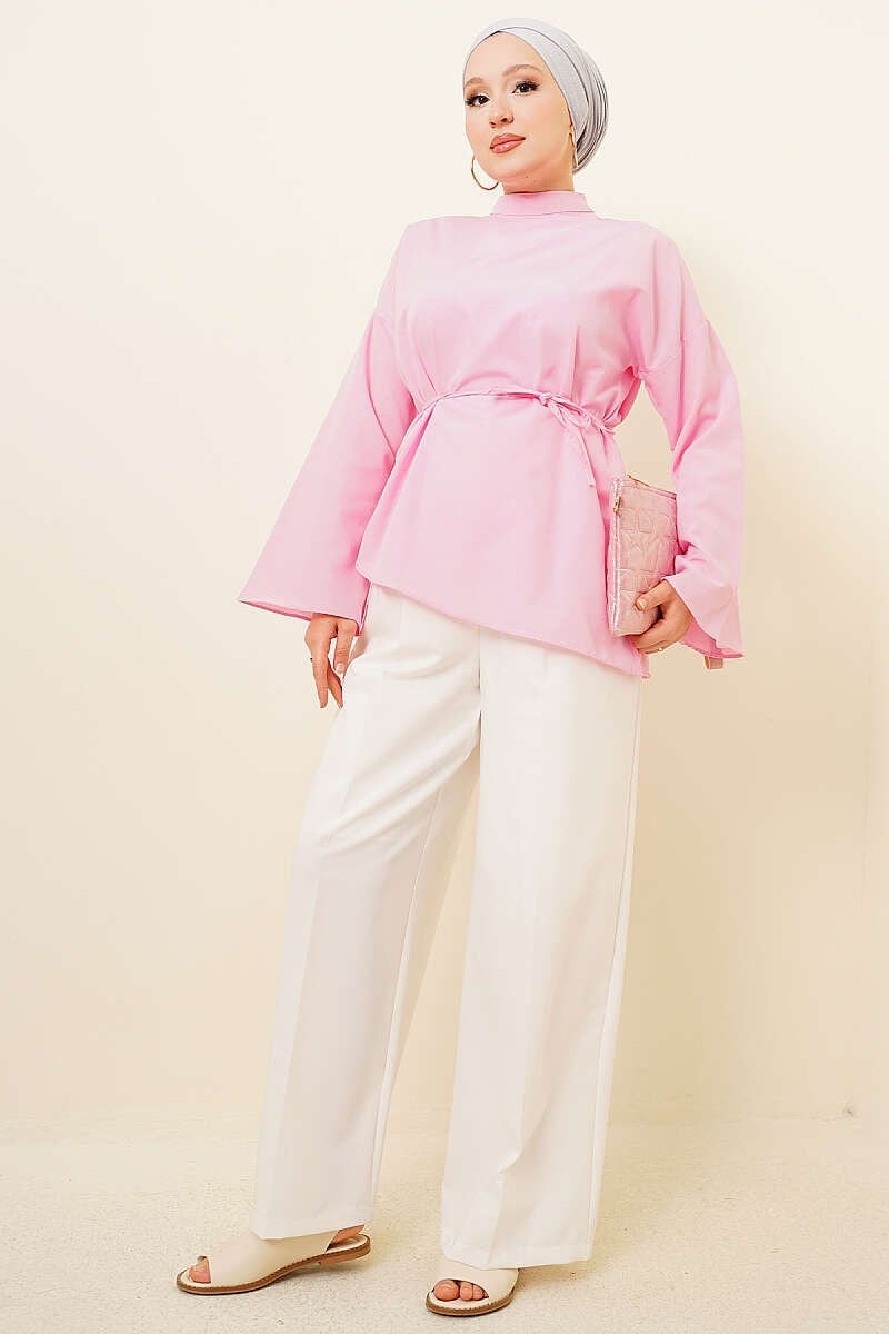 Asimetrik Kesim Poplin Tunik Pembe