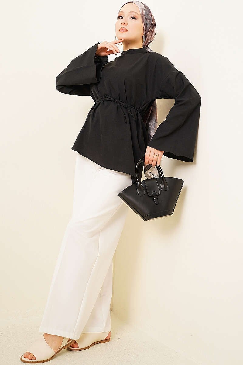 Asimetrik Kesim Poplin Tunik Siyah