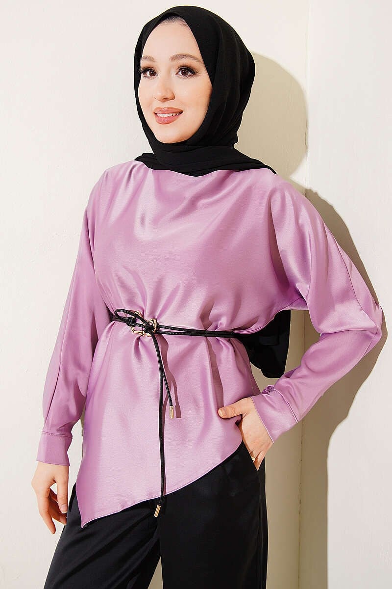 Asimetrik Kesim Saten Tunik Lila